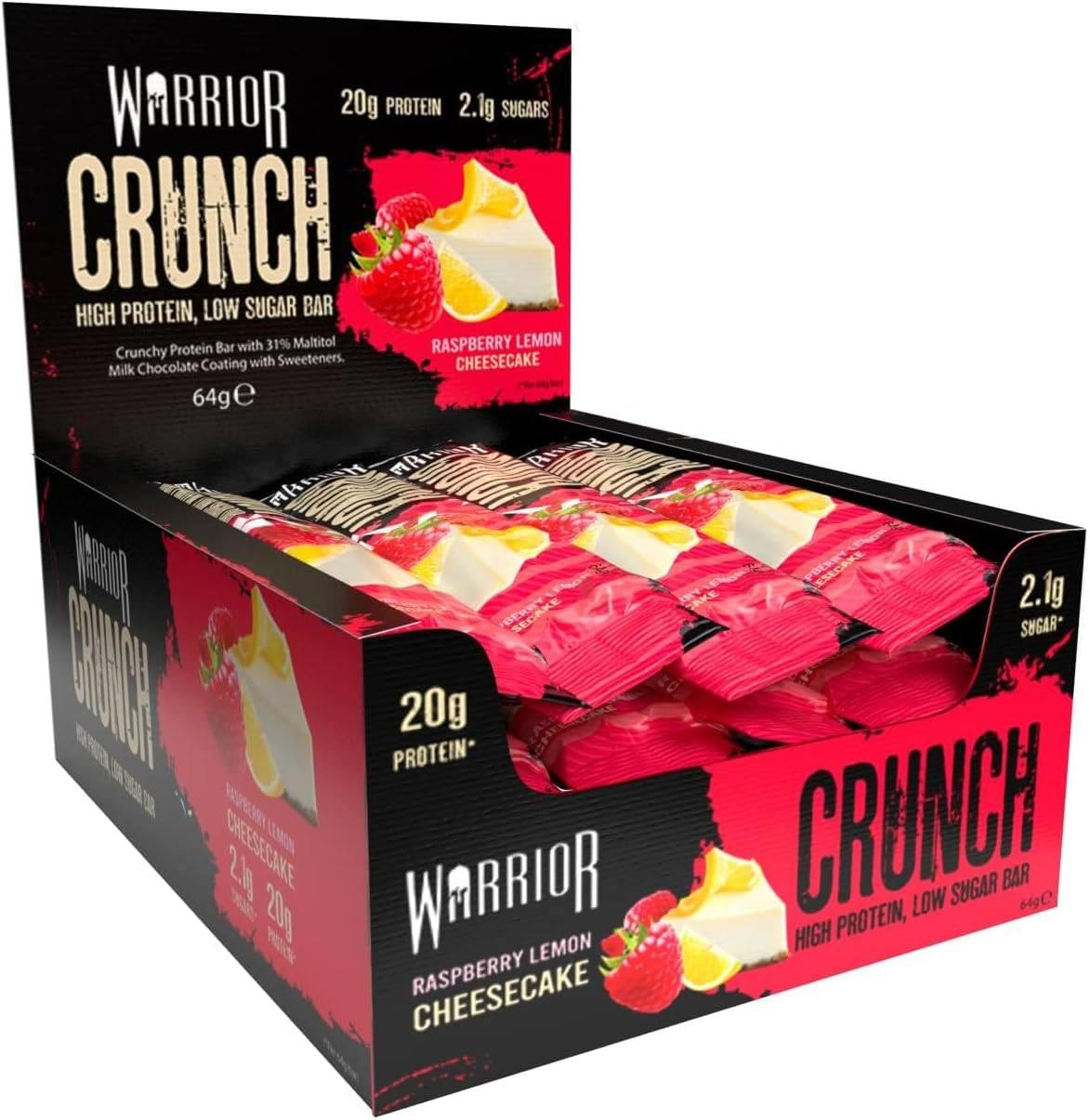 Warrior Crunch Protein Bars, Raspberry Lemon Cheesecake 12 x 64g โ High Protein Snacks (20g), Low Sugar, Low Calorie Snack Bar, Guilt-Free On-the-Go Treats, Multipack Diet Bars for Weight Loss โ image 1