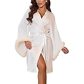 silkola Satin Robes for Women Bridal Bridesmaids Robe Silk Robe with Faux Fur Trim Satin Bell sleeves Wedding Dressing Gown