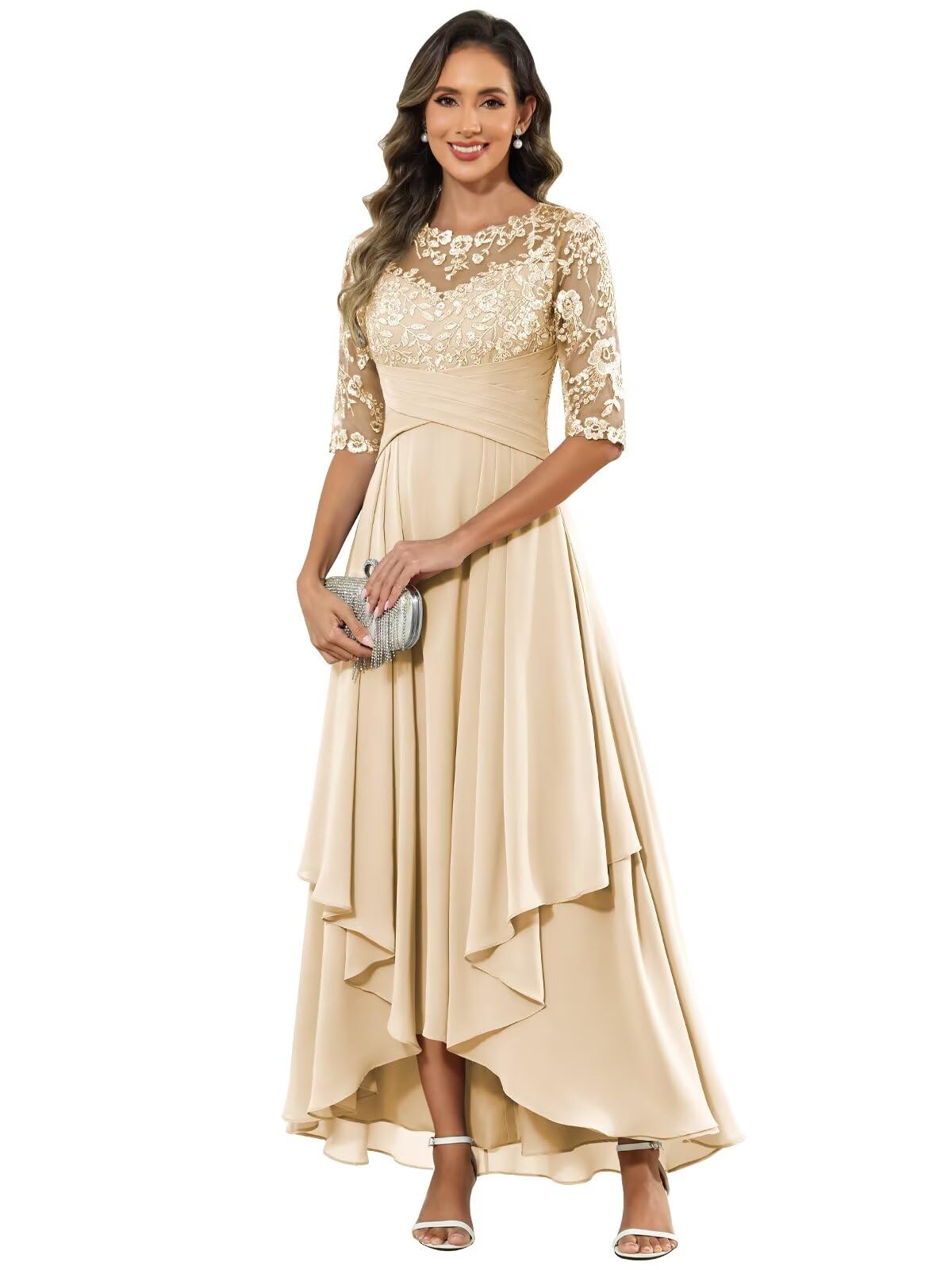 Sredhy Champagne Tea Length Mother of The Bride