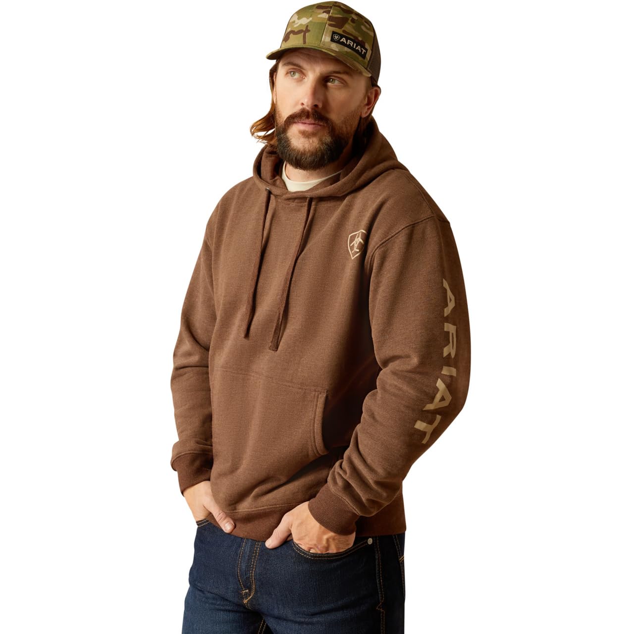 ARIAT Men's Logo Hoodie, Chestnut Heather/Tan, XX-Large Tall Image