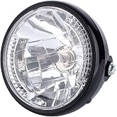 Terisass LED Motorcycle Headlight with Housing 7" Universal 12V H4 35W Motorcycle Retro Headlight Assembly Yellow Clear Lens Super Bright Cafe Racer Headlight w/Black Bracket Mount