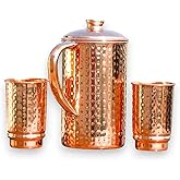 Pure Copper Hammered Pitcher with Lid - 1500ml/50 Oz Jug & 2 Copper Glass Tumblers, Drink More Water | Stay Hydrated & Enjoy Health Benefits