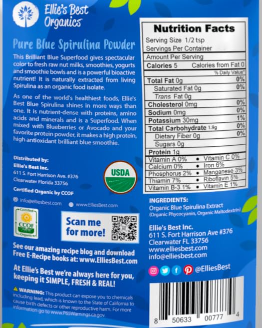Ellie's Best Organic Blue Spirulina Powder Superfood Supplement - Odorless - 3LB Bulk - Vegan, Non GMO, Gluten-Free, Dairy-Free, Brilliant Blue Food Coloring - Pure Water Extracted