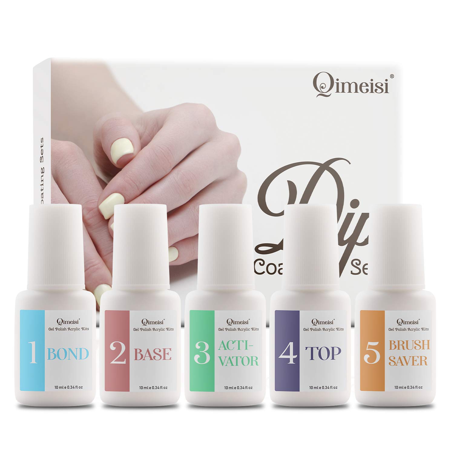 Qimeisi Dipping Powder Nail Coating System, Bond, Base Coat, Activator, Top Coat, and Brush Saver Liquid Set, Without Lamp Cure Natural Dry Nail Art Decoration Manicuring: Beauty