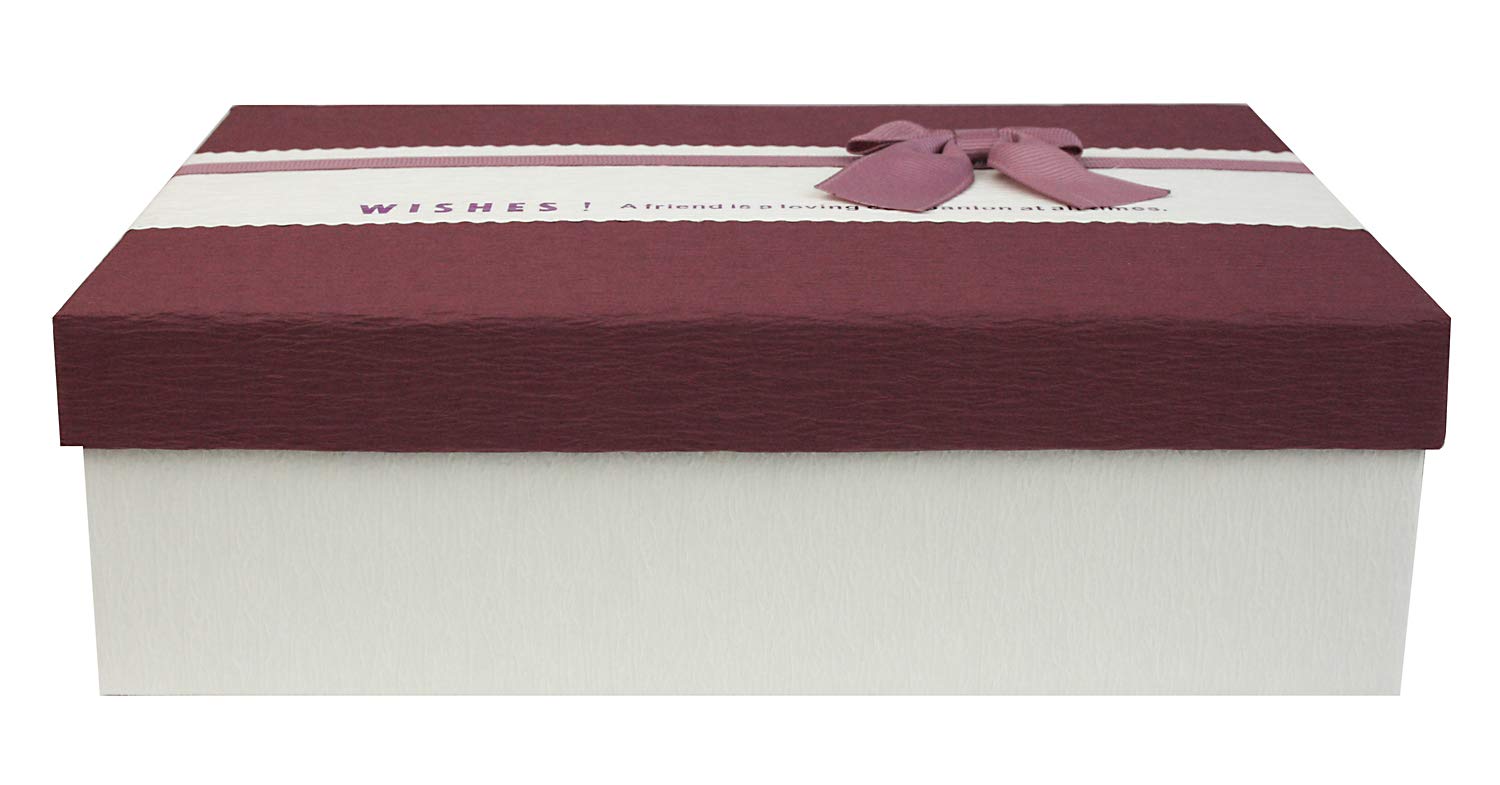 Emartbuy Cream/Burgundy Rigid Gift Box with Ribbon – 29 x 21 x 9 cm – Luxury Cardboard Presentation Box | Premium Packaging for Hampers, Birthdays, Weddings, Corporate Gifting