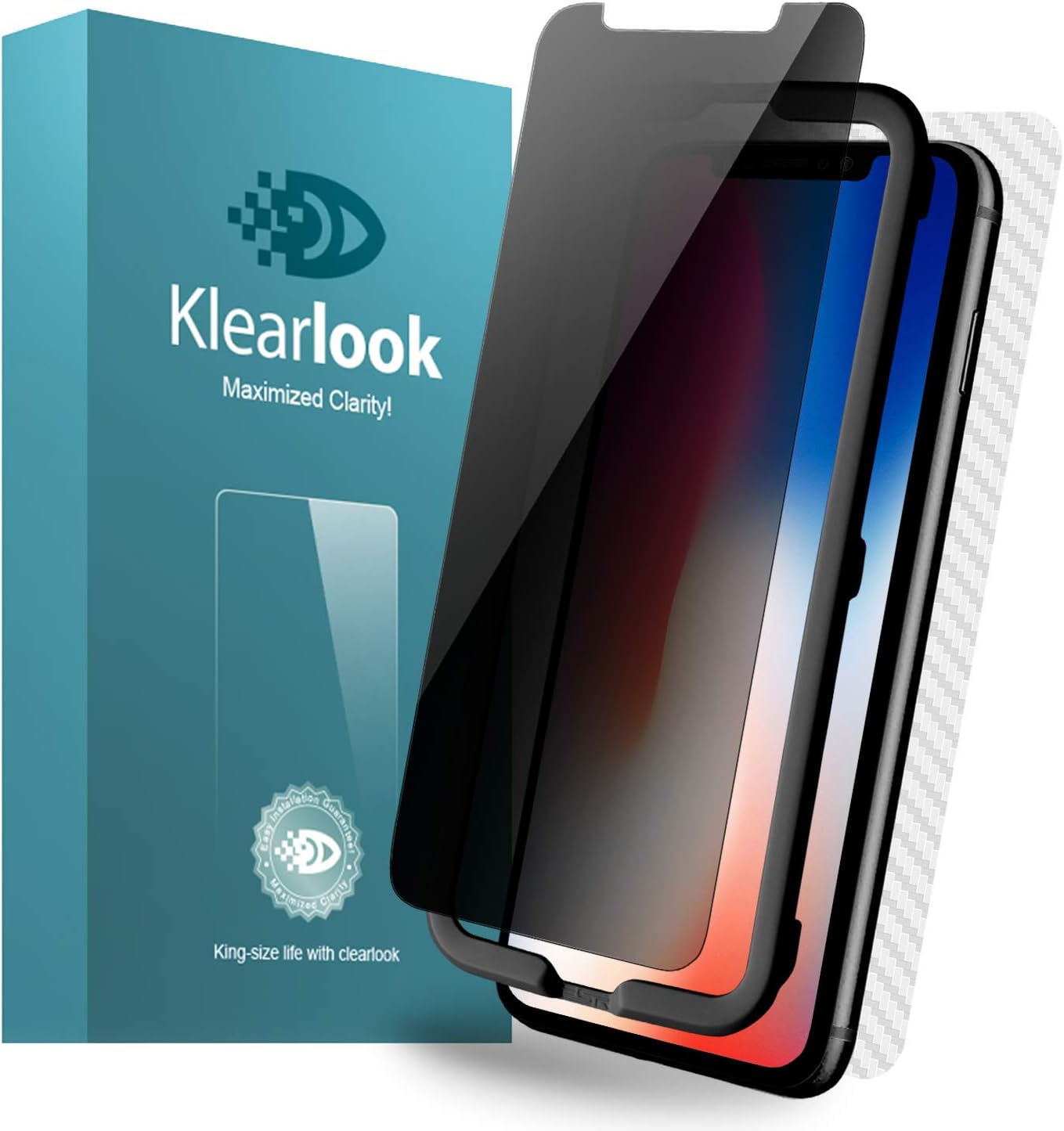 Klearlook Privacy Glass Screen Protector for i Phone X/i Phone XS with Install Tool, 1-(Case-Friendly) Anti-Spy/Anti-Peeping Tempered Glass Screen Film for Front + Carbon Fibre Rear Sticker Skin