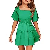 Batermoon Girls Summer Dress Square Neck Short Sleeve Crossover Waist Casual A-line Mini Dress