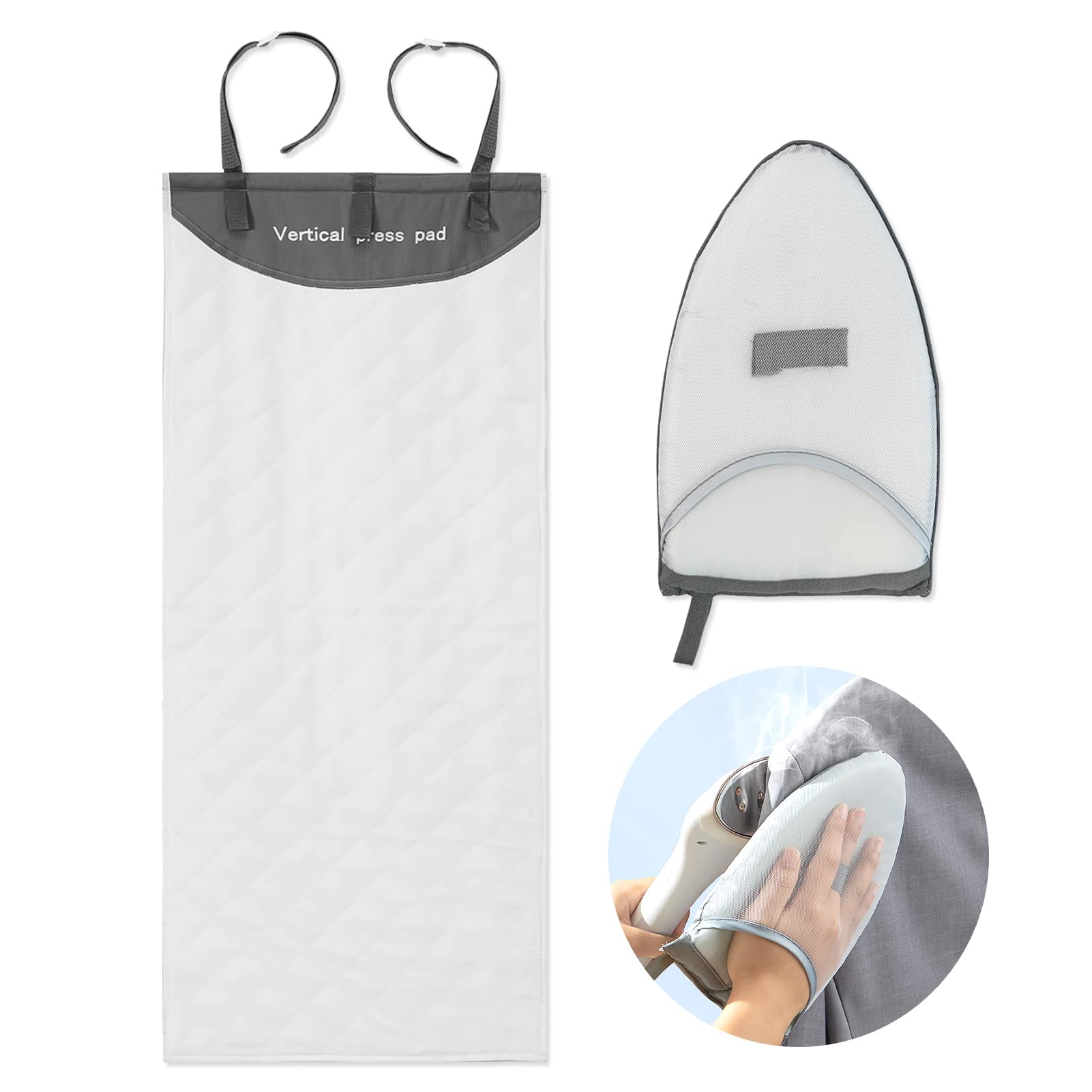 DSVENROLY Over The Door Ironing Board, Vertical Over Door Clothes Steamer Pad with Steamer Mitt, Heat Resistant Clothing Care Steam Pad for Hand held, 19.7 x 45.3 inches (Grey/White)