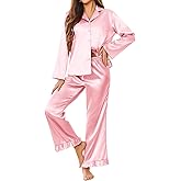 Ekouaer Silk Satin Pajamas Set Womens Long Sleepwear Button Down 2 Piece Classic Soft Loungewear Pjs Set