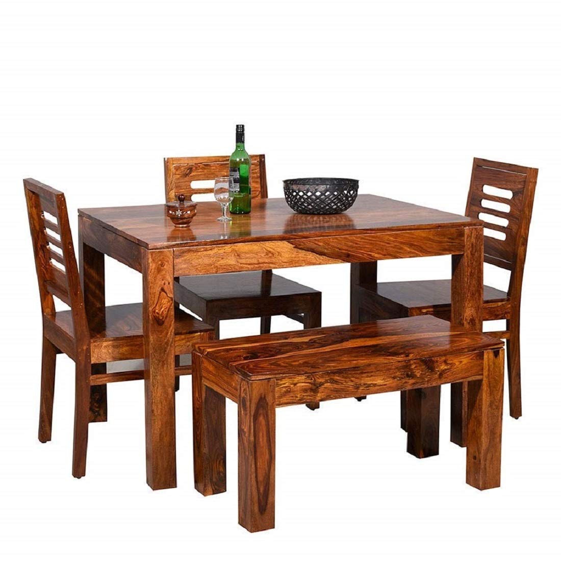Honey Finish Sheesham Wood Dining Table 4 Seater Dining Table Set MV