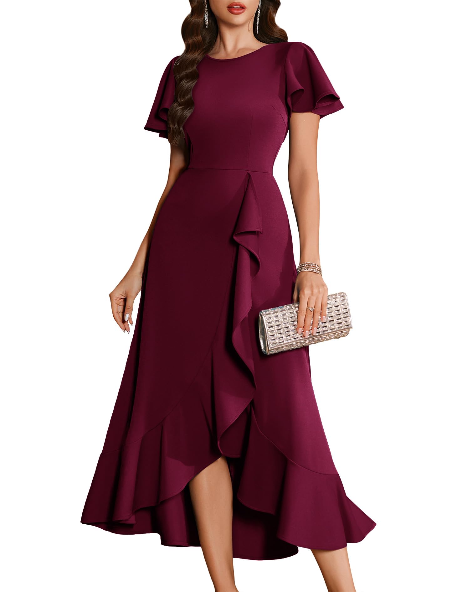 berylove gowns & formal dresses Women's Party Dress – Flutter Short Sleeve Cocktail Long Evening Gown With Ruffles Women's Formal Party Dress Occasion:Prom Dresses