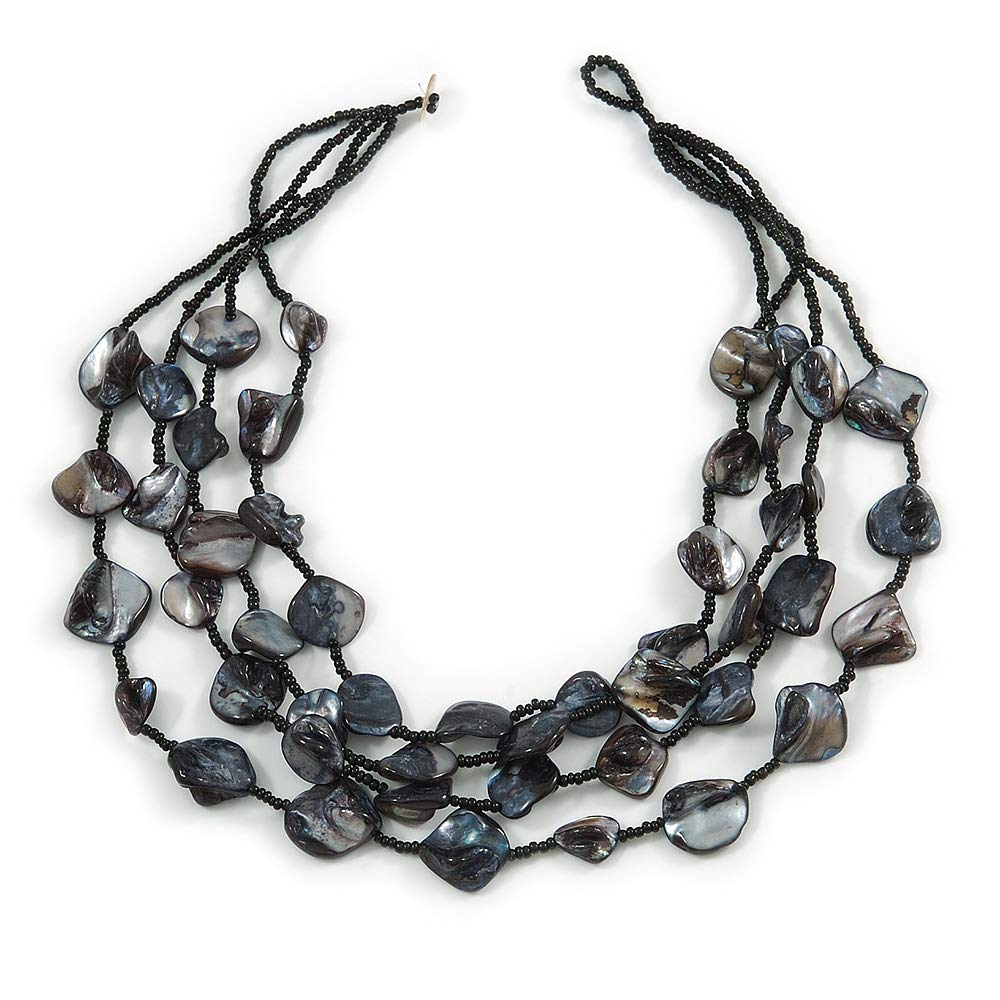 Avalaya Multistrand Layered Black Sea Shell and Glass Bead Necklace/60cm Long