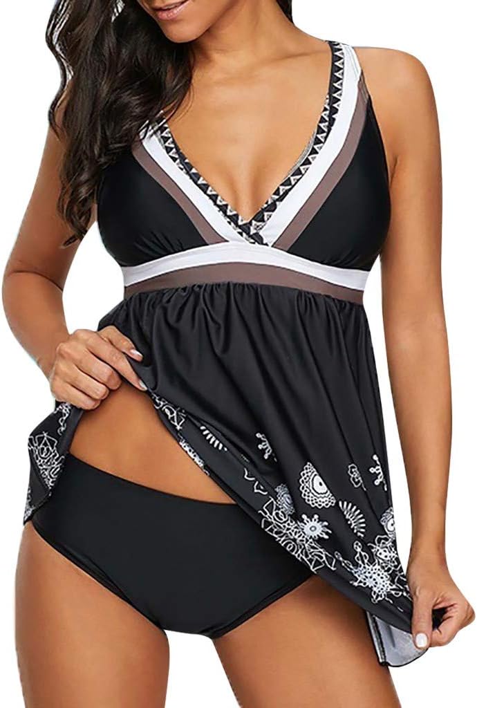 Duseedik Women's Halter Plus Size Swimwear National Print Tankini Swimjupmsuit Plus Size Swimsuit Beachwear Padded