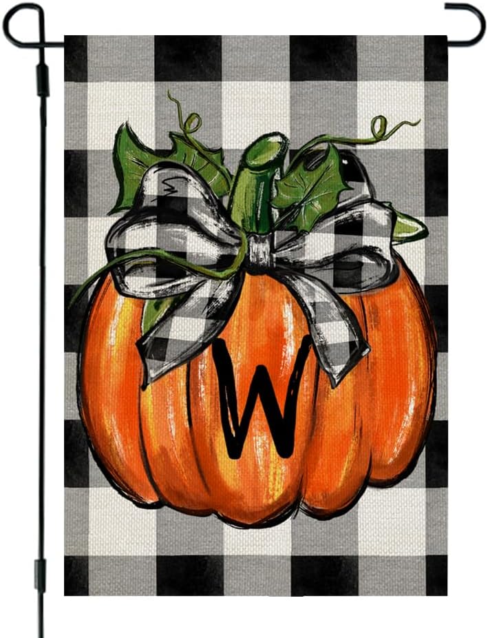 Flags - CROWNED BEAUTY Fall Pumpkin Monogram Letter W Garden Flag 12x18 Inch Double Sided Burlap Plaid Small Family Last Name Initial Yard Decoration CF1135-12