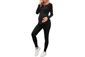 KOJOOIN Women's Maternity Rib Knit Tops Casual Long Sleeve Breastfeeding Nursing Shirts and Leggings Pants Sets Outfits