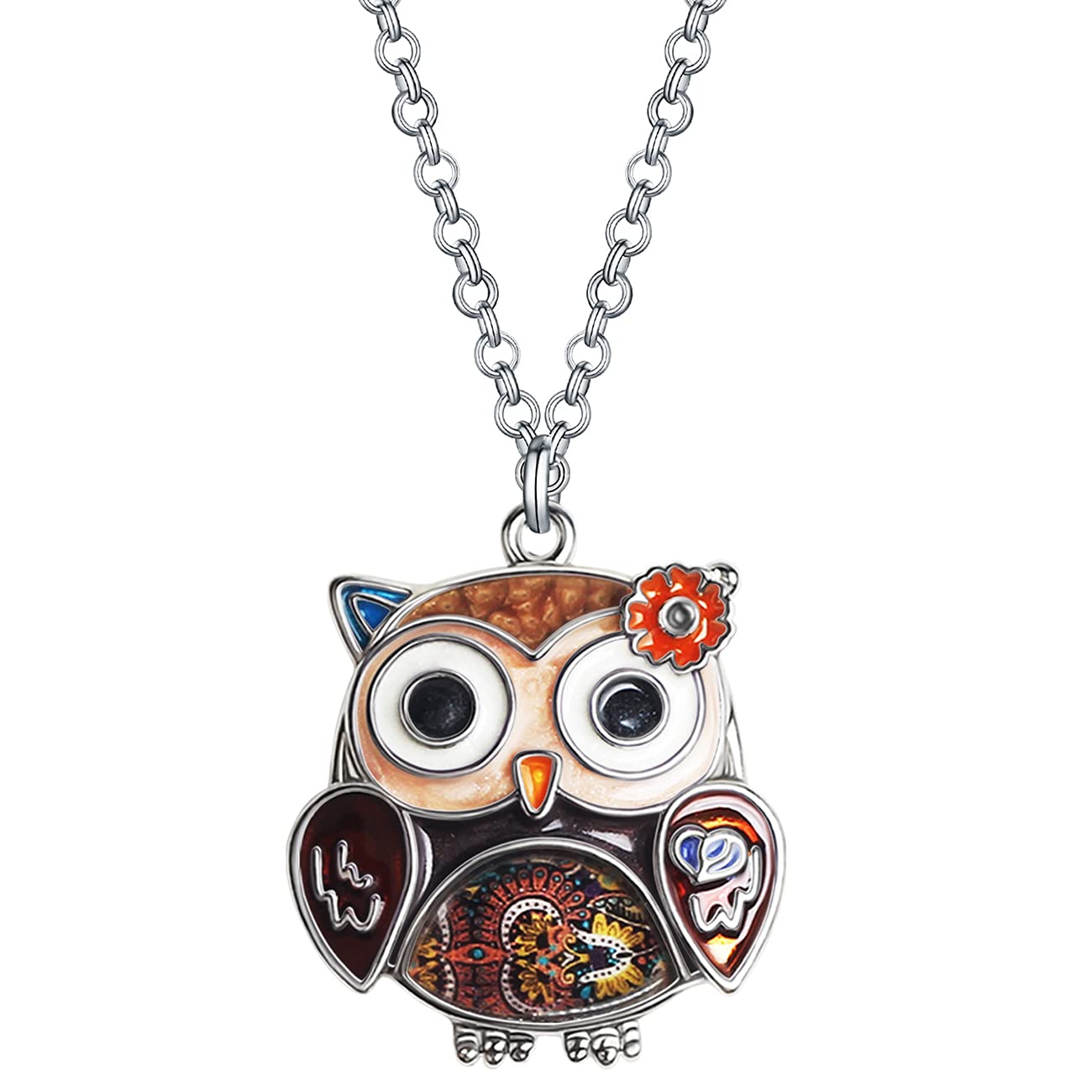 Enamel Alloy Anime Flower Owl Necklace Bird Pendant Fashion Jewelry For Women Girls Charm Gift (Brown)