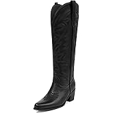 Ouepiano Cowboy Boots for Women Cowgirl Knee High Boots with Classic Embroidered Pull On & Side Zipper Pointed Toe Chunky Heel Vintage Country Western Wide Calf Botas
