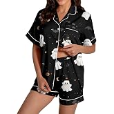 Vividcrate Halloween Pajama Sets for Women 2 Piece Ghost Pumpkin Print Pjs Set Button Down Short Sleeve Sleepwear