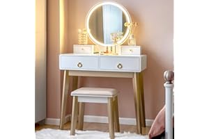 CHARMAID Vanity Set with Touch Screen Dimming Mirror, 3 Color Lighting Modes, Dressing Table with 4 Sliding Drawers, Modern Bedroom Makeup Table and Cushioned Stool Set for Women Girls (White)
