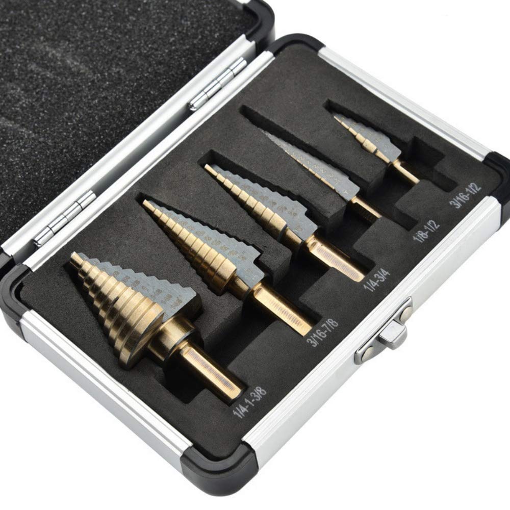 ArtisanShow 5PCS HSS Cobalt Step Drill Bit Set Multiple Hole 50 Sizes Cobalt Titanium Conical Cone Drill Hole Cutter Core Drill Bits with Aluminum Case