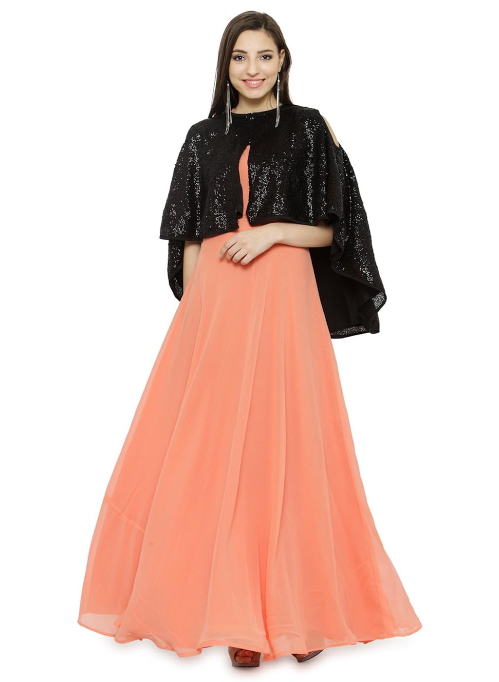 just wow peach & black poly georgette women's dress (jw811)