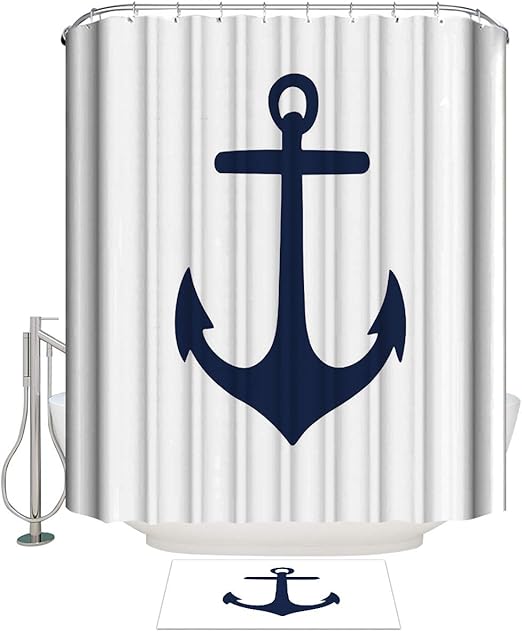 Amazon Com Daringone 36 X 72 Shower Curtain Set Nautical Theme Soft Felt Bath Mats Polyester Waterproof Bath Curtains Home Bathroom Decor Sets Navy Blue Anchor Home Kitchen