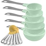 Cook with Color 12 Piece Plastic Measuring Cups Set and Measuring Spoon Set with Stainless Steel Handles (Yellow Spoons/Mint 