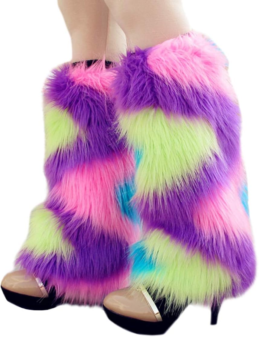 Women Faux Fur Furry Leg Warmers Rainbow Fluffies for Rave