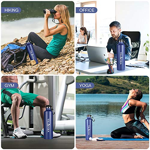Tolaccea Stainless Steel Water Bottles BPA Free Double Walled Vacuum Insulated Sport Water Bottle 1L for Camping Hiking Cycling Beach Backpacking Running Blue