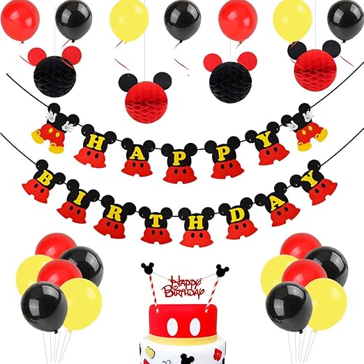 Decoraciones de cumpleaños de Mickey Mouse, bolas de nido de abeja de Mickey Paper de Red Black, banner de Happy Birthday, adorno de pastel para la fiesta temática de Mickey Mouse: Amazon.es: