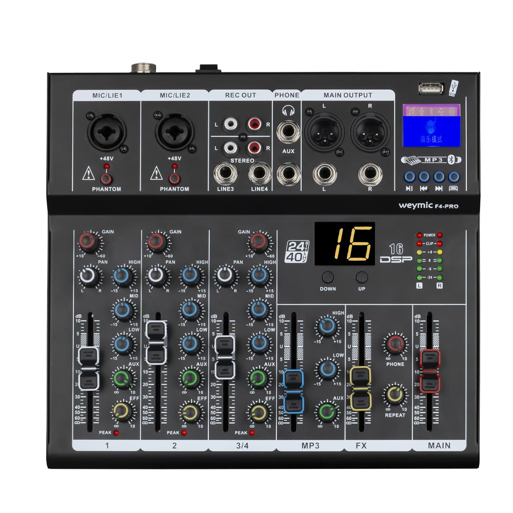 Weymic F4-Pro Professional Mixer | 4-Channel 2-Bus Mixer/w USB Audio Interface for Recording DJ Stage Karaoke Music Application