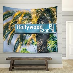 Hollywood Boulevard Street Sign - Fabric Wall Tapestry Home Decor - 51x60 inches