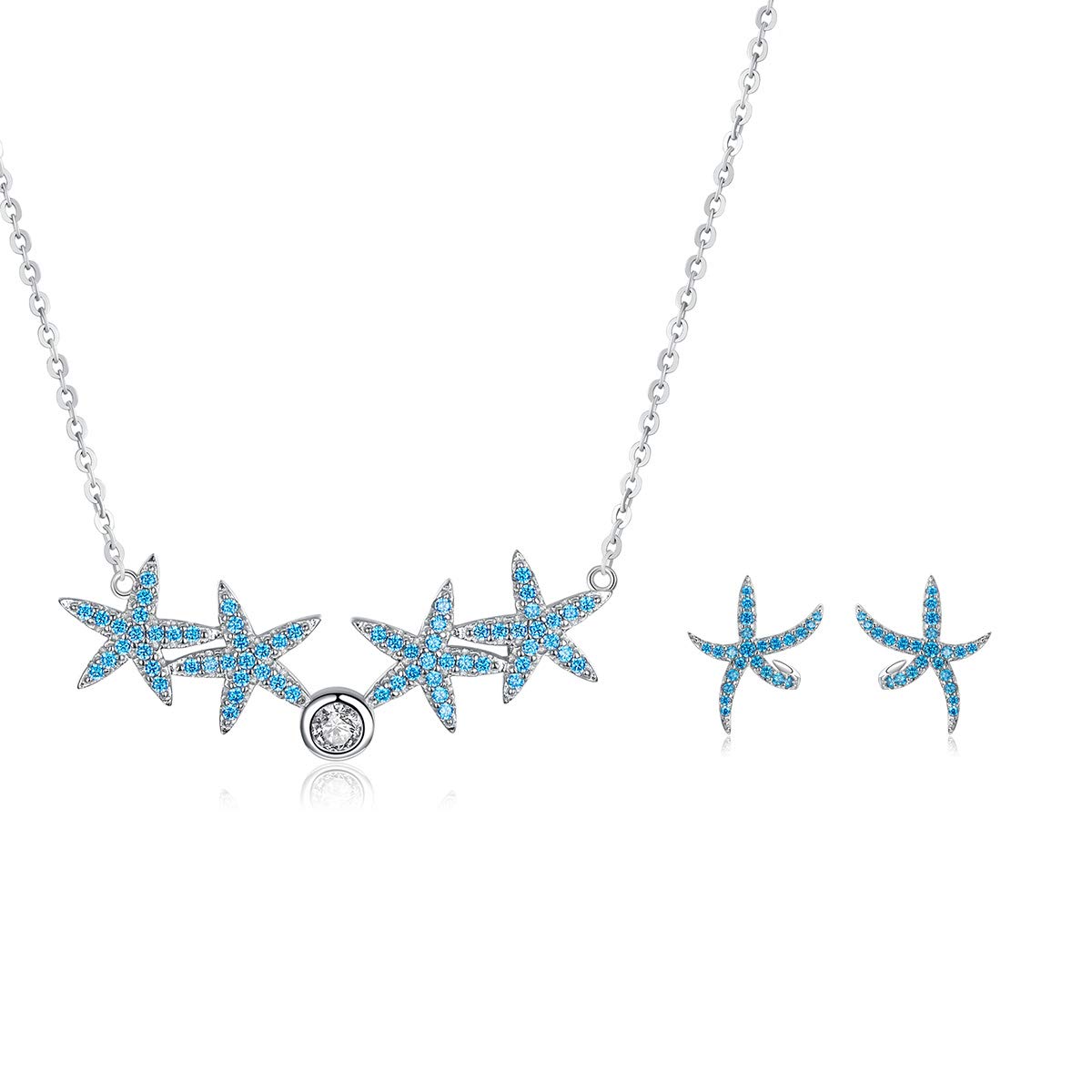Ocean Blue Starfish Necklace Earrings jewellery Sets Authentic 925 Sterling Silver AAA Zirconia Stone jewellery