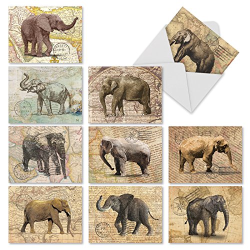 M9636OCB Trunk Mail: 10 Assorted Blank All-Occasion Note Cards Featuring Images Of Elephants On An Antique Map Background, w/White Envelopes.