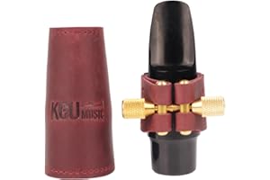KGUBRASS Leather Ligature and Leather Cap for Alto Saxophone by KGUmusic. Saxophone Alto accessories. Black leather, Nuummite natural stone inlaid with raw brass screw(Raw Brass, Marsala + Red Japser)