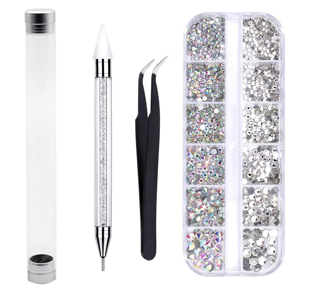 Kungfu Mall Nail Crystals & Art Rhinestones, Clear, Sizes AB, 4pc, With Tweezer & Picker Pen, Gift Set