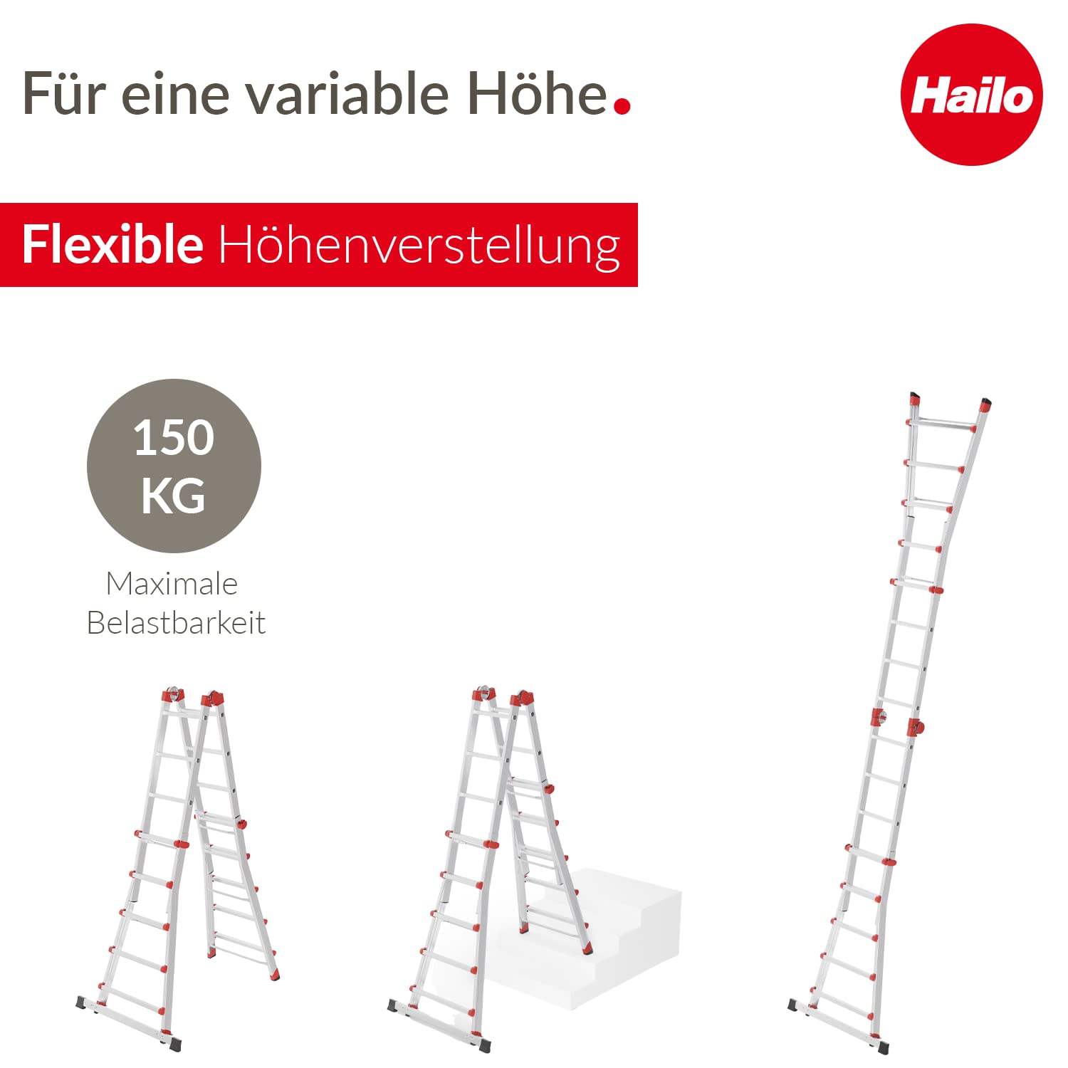 Hailo M80 Alu-Multifunktionsleiter - Schiebeleiter 4 x 5 Sprossen belastbar bis 150 kg - Sicherheitsgelenke und Rastgriffe - sprossenweise höhenverstellbar - Mehrzweckleiter rostfrei - Silber 2