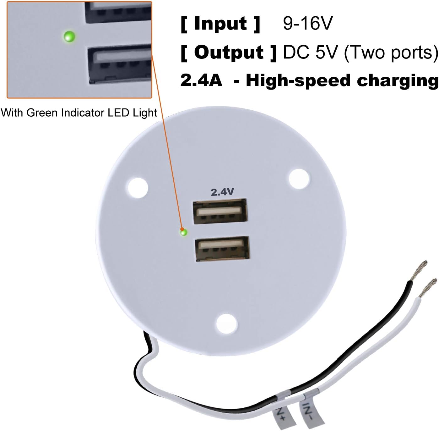 Facon RV USB Charger Socket Power, High Speed Charging 5V / 2.4A Dual USB Outlet, Recessed Mount with Green Indicator Light, USB Outlet for RV Trailer Camper Boat Marine Motorhome (White): Automotive