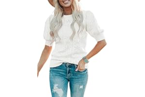 Foshow Womens Puff Short Sleeve Sweaters Tops Fall Soft Crew Neck Dot Pullover Shirt Lightweight Knit Sweater Blouse