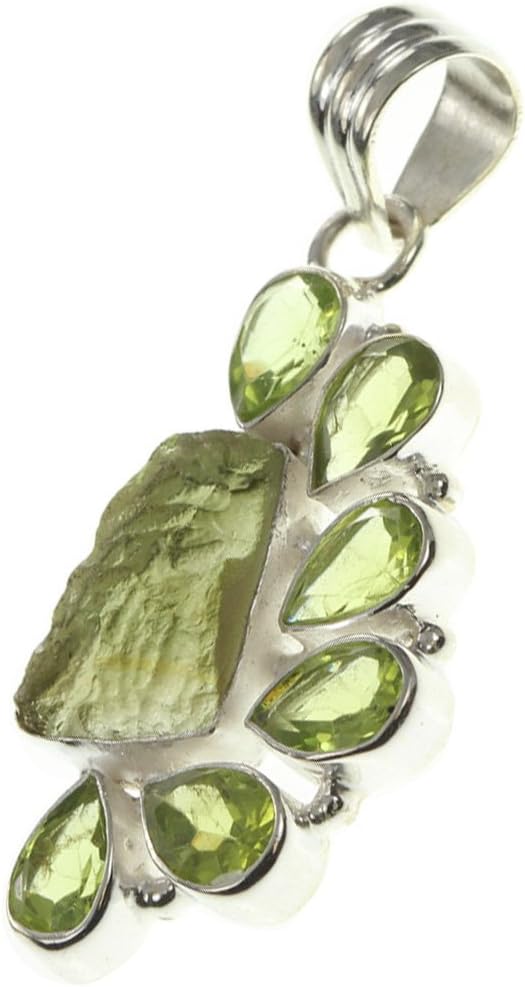 925 Sterling Silver MOLDAVITE, NATURAL PERIDOT Pendant, 1.75"