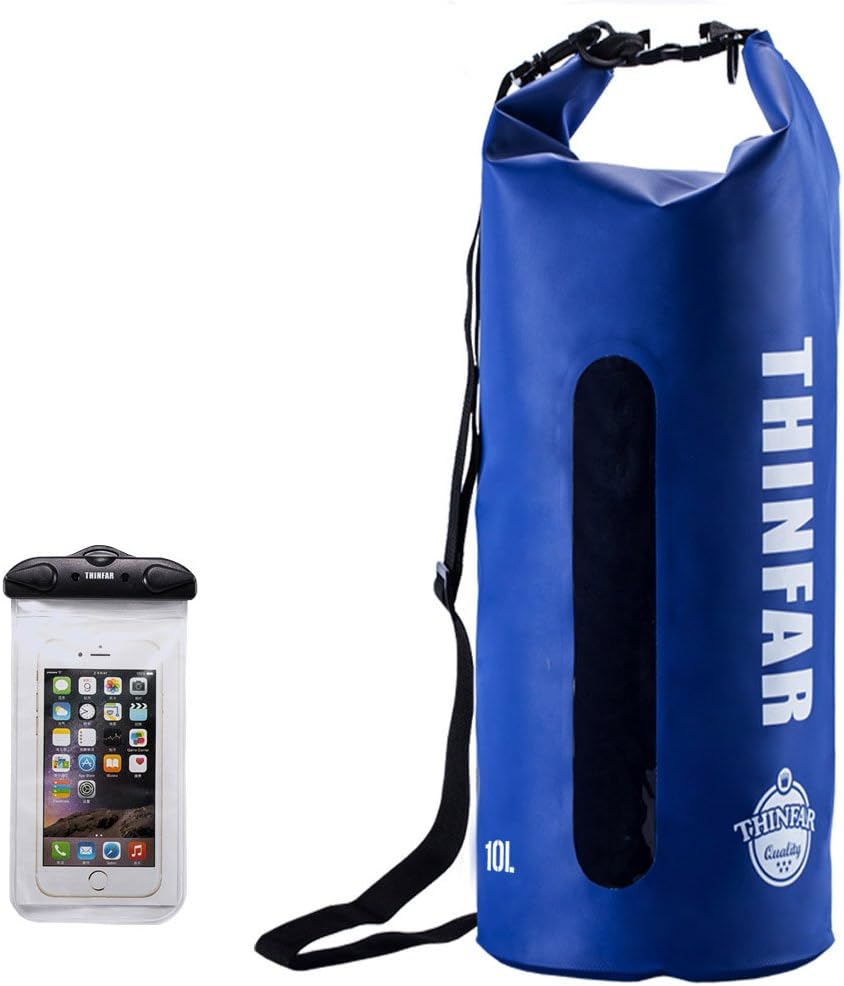 Ultralight Waterproof Dry Sack with Window-Durable Roll-top Closure Dry Bags Along with Waterproof Touch Screen Friendly Phone Case for Rafting, Boating, Hiking, Camping,Swimming and Fishing Blue 10L