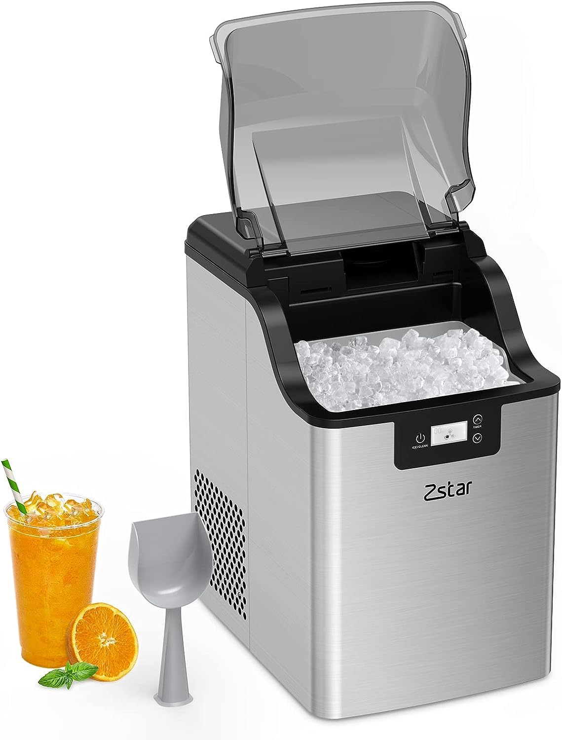 Zstar Ice Maker Countertop Ice Maker Machine, Ice-Making of 44lbs/24h Portable Ice Maker, 3Qt Water Reservoir & Self-Cleaning, Chewable Nugget Pellet Ice with Ice Scoop for Home Bar Party, Silver