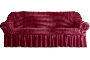 BLUESURGE Sofa Slipcover 1 Piece for 3 Cushion Couch Cover with Skirt, Durable Washable High Elastic Stretchable, Easy Fit Universal Furniture Protector (3 Seater, Maroon)