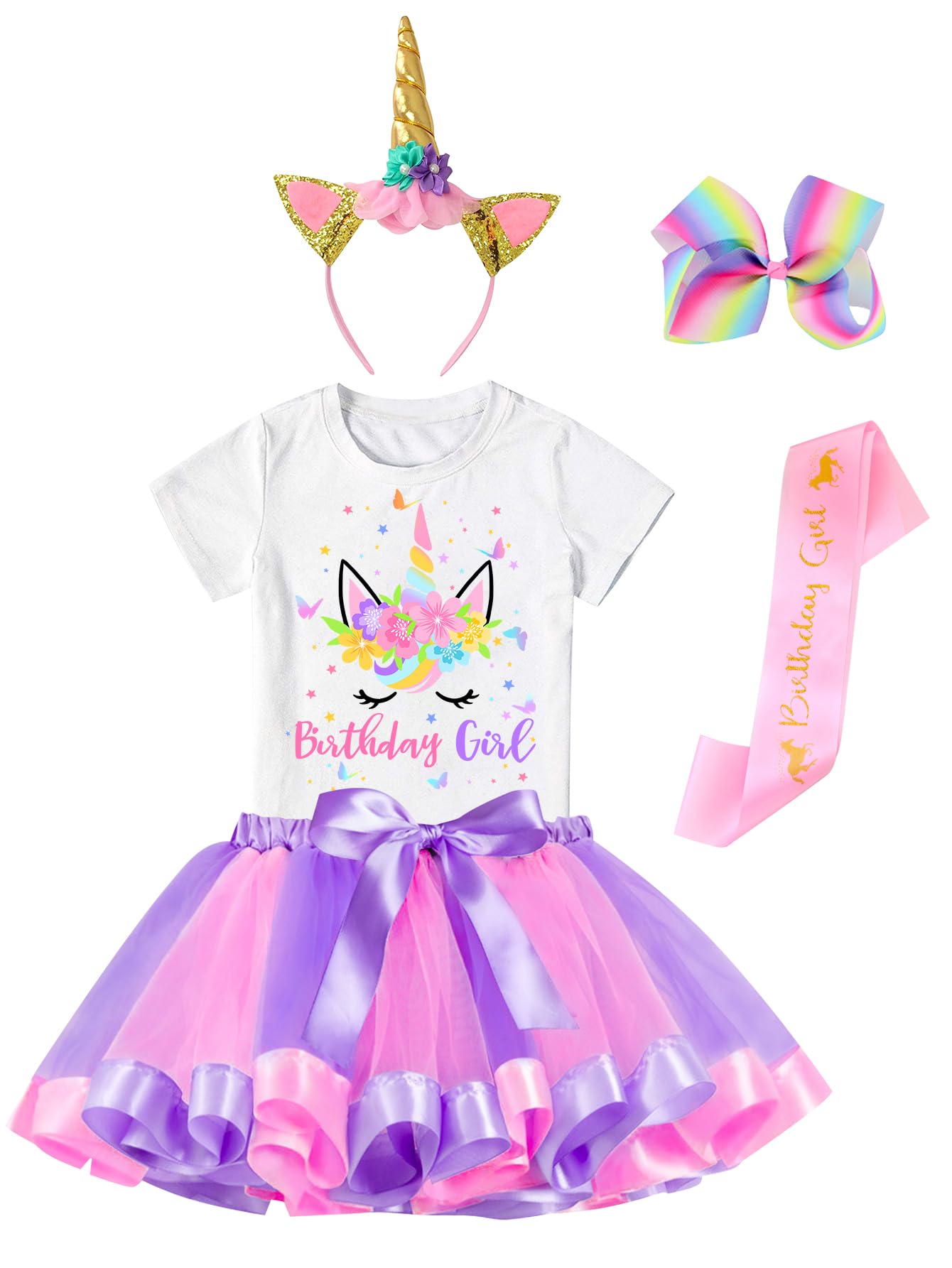 Photo 1 of Doctor Unicorn Birthday Girls Unicorn Costume Outfit Rainbow Tutu, Unicorn T-shirt, Satin Sash, Hair Bow & Headband Purple Pink/White Butterfly Shirt, 6-7 Years