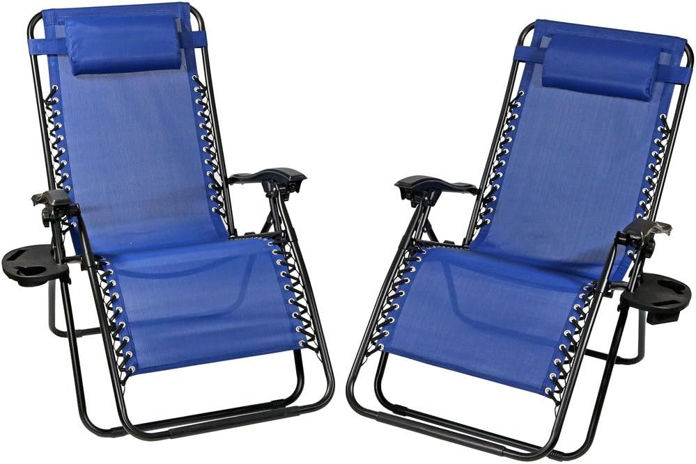 Sunnydaze Outdoor XL Zero Gravity Lounge Chairs with Pillow and Cup Holder Folding Patio Recliner Navy Blue Set of 2: Kitchen & Dining