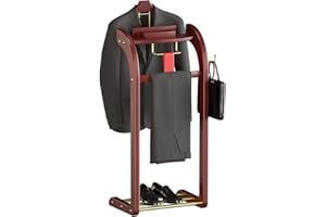 Dkjdssek Suit Valet Stand for Men and Women, Wood Clothing Valet Stand Suit with Contour Hanger, Tray, Trouser Bar, Tie Bar and Shoe Rack, for Entryway Office Living Room 15.75 * 13.78 * 44.88in