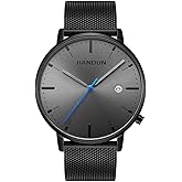 JIANDUN Mens Ultra-Thin Minimalist Wrist Watches for Men Dress Stainless Steel Mesh Band Waterproof(Black-Black Face Blue Second)