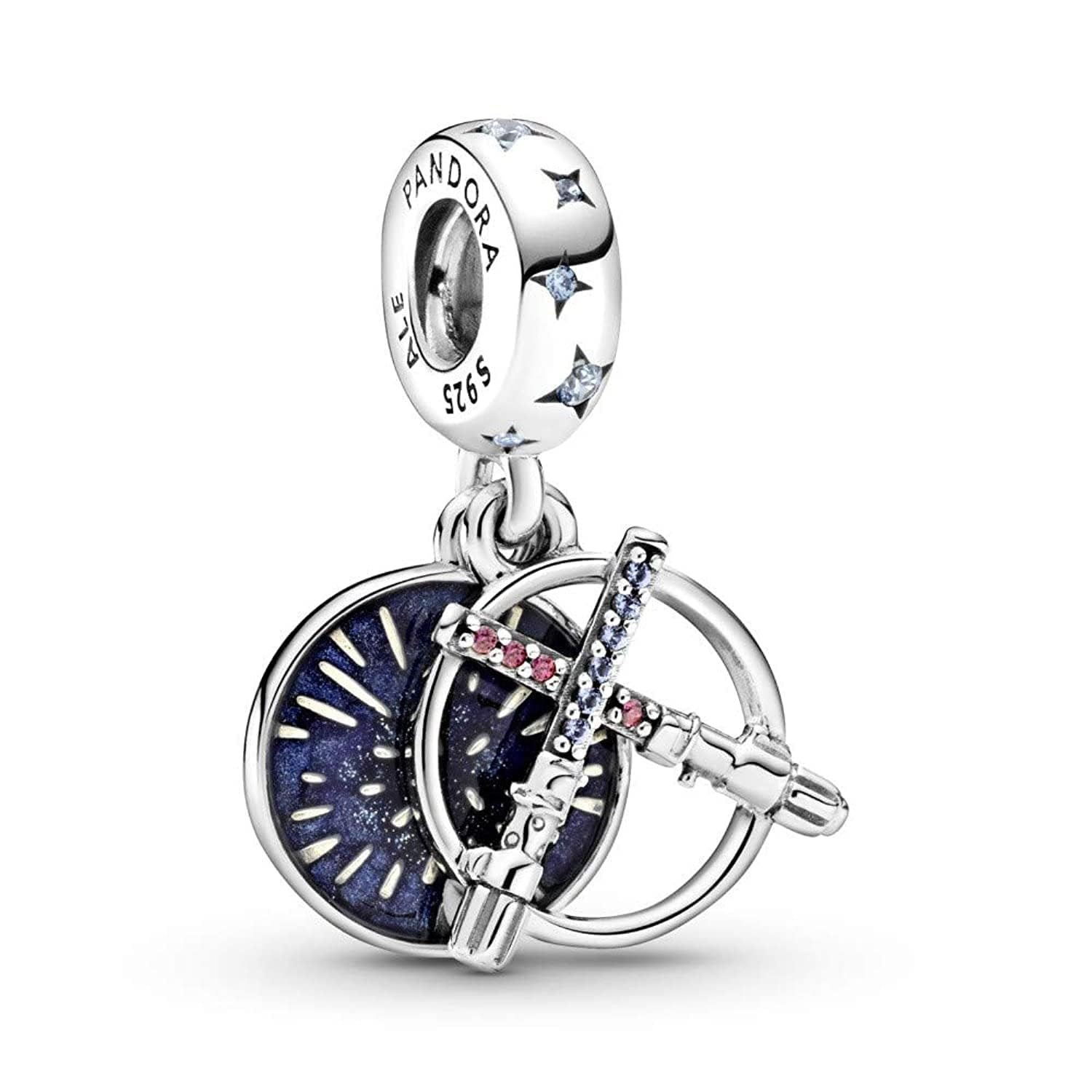 PANDORA Star Wars Lightsaber Sterling Silver Double Charm with Cubic Zirconia and Crystals, 11,3mm, Sterling Silver, Cubic Zirconia
