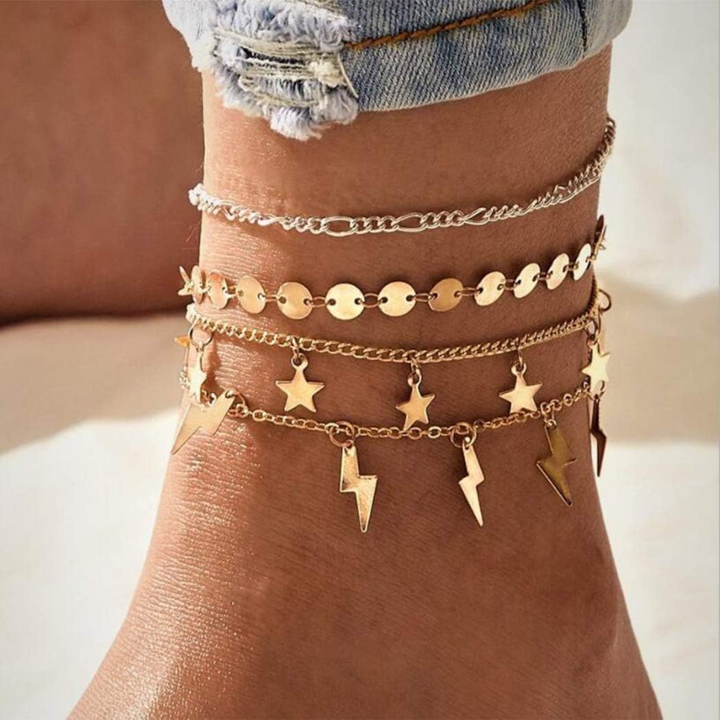 New lightning Star Pendant Anklet Creative Retro Simple Sequin Anklet Set 4 Piece Set, Beads Drop Sequin Charm…
