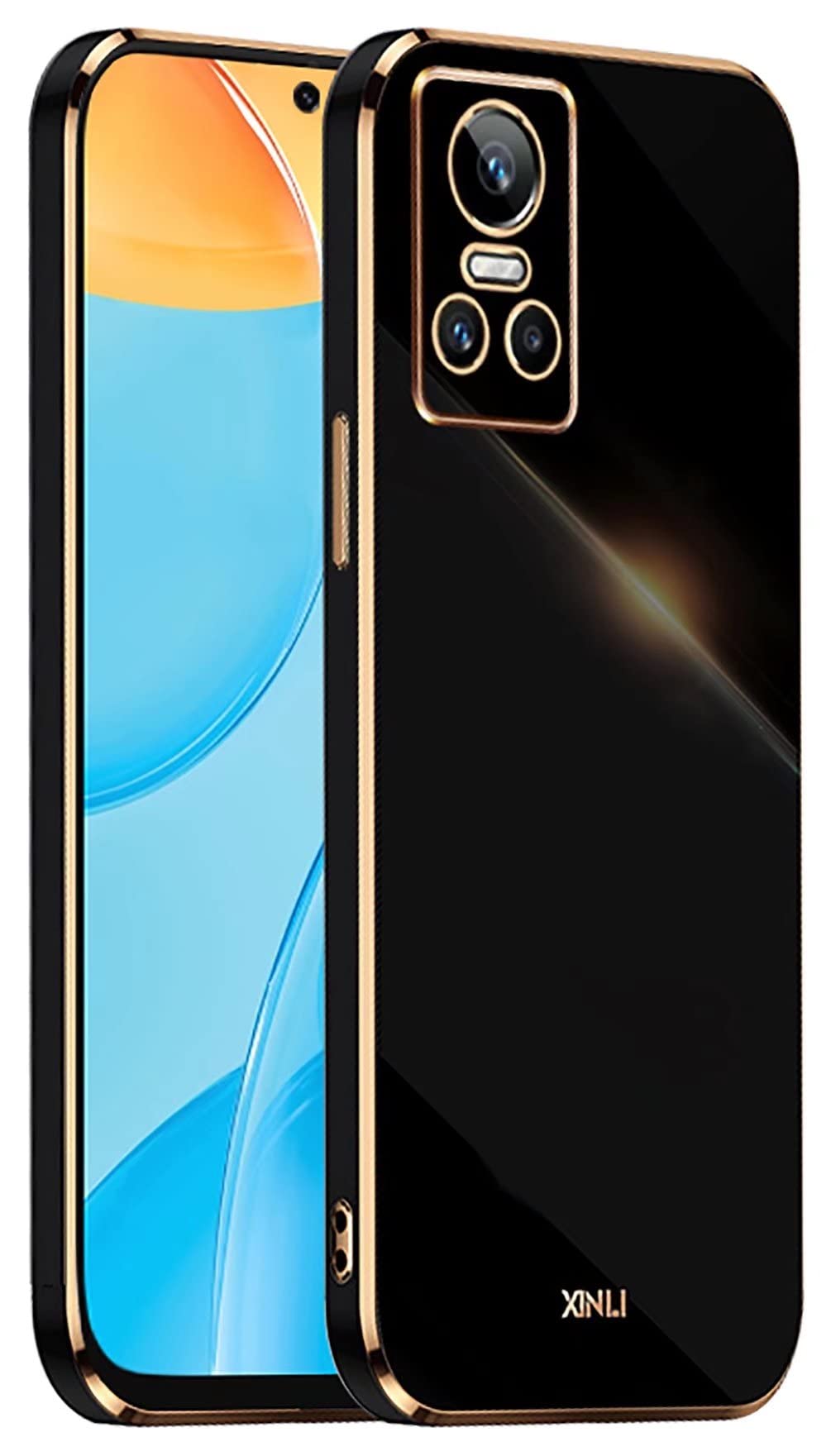 YUWEN Phone Cover Case for Realme GT Neo 3, Golden-Edge Design Colorful Shiny TPU Silicone Stylish Telephone Sleeve Shell - Black